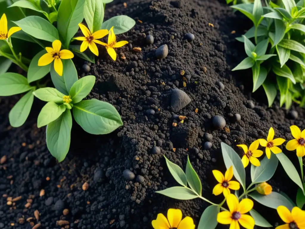 Montón de carbón biochar rodeado de plantas verdes y flores, iluminado por el cálido sol