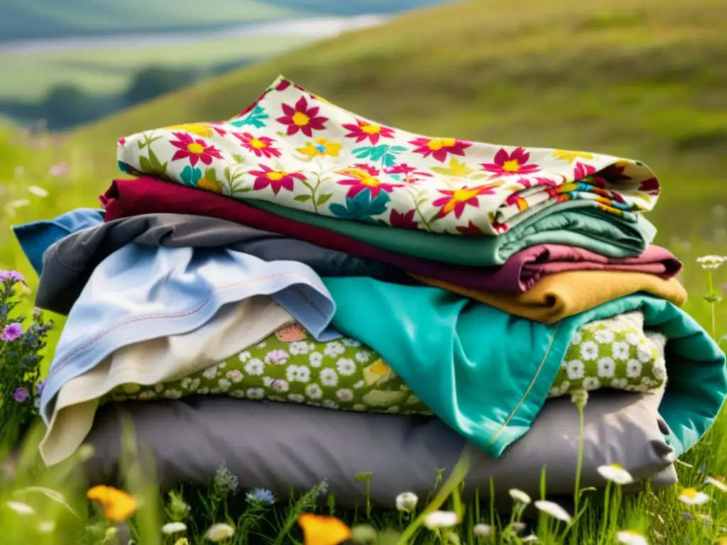 Abandono y naturaleza: un contraste impactante Un montón de ropa descartada en un vertedero con la naturaleza floreciendo a su alrededor