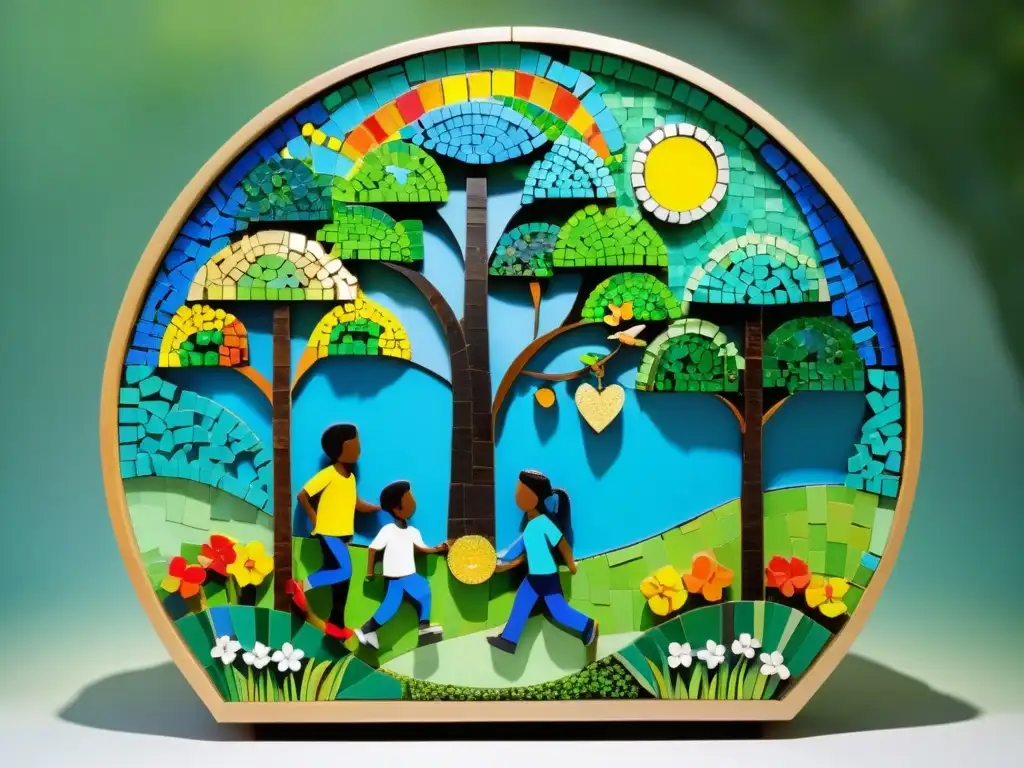 Un mosaico colorido hecho con materiales reciclados representa una escena vibrante de niños jugando en un parque rodeado de naturaleza