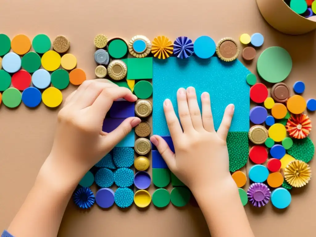 Niño creando un mosaico ecológico con materiales reciclados