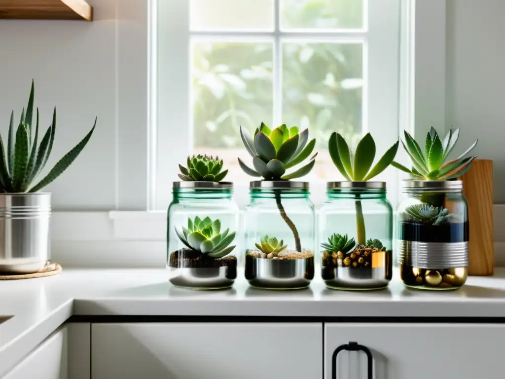 Un mostrador de cocina blanco minimalista transformado en arte con tarros y latas reciclados, iluminado por luz natural