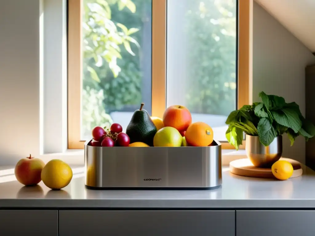 Un mostrador de cocina bellamente diseñado con un contenedor de compostaje de acero inoxidable al lado de cáscaras de frutas y verduras