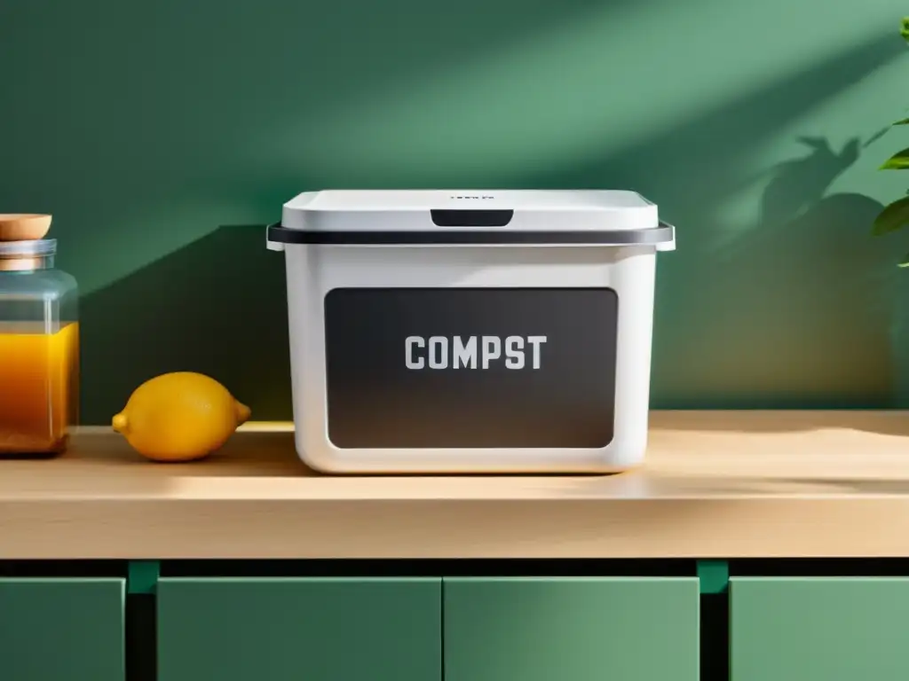 Un mostrador de cocina minimalista con contenedores separados etiquetados para compost y reciclaje, diseño moderno y señalización clara