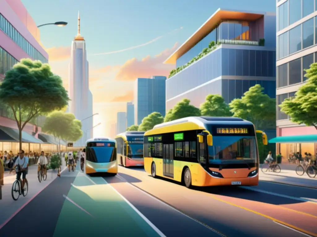 Inversión en movilidad urbana sostenible: Una calle de la ciudad llena de vida, con buses eléctricos, ciclistas y peatones, rodeada de edificios verdes y paneles solares, transmitiendo una atmósfera de sostenibilidad y modernidad