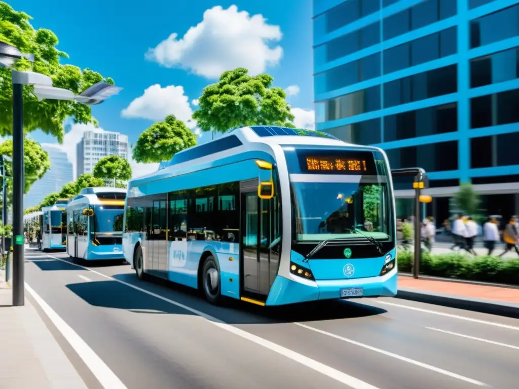 Inversión en movilidad urbana sostenible: Una ciudad bulliciosa con autobuses eléctricos futuristas y edificios adornados con paneles solares