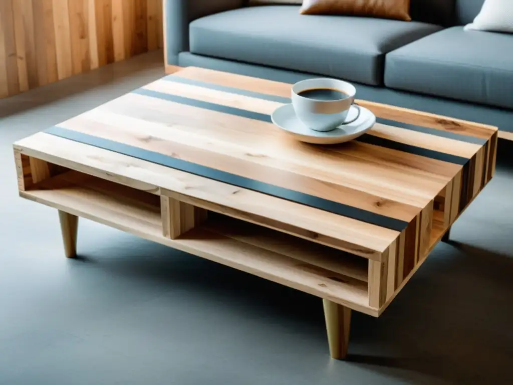 Muebles con pallets reciclados: Mesa de café minimalista y elegante con veteado natural, sobre fondo moderno y neutro