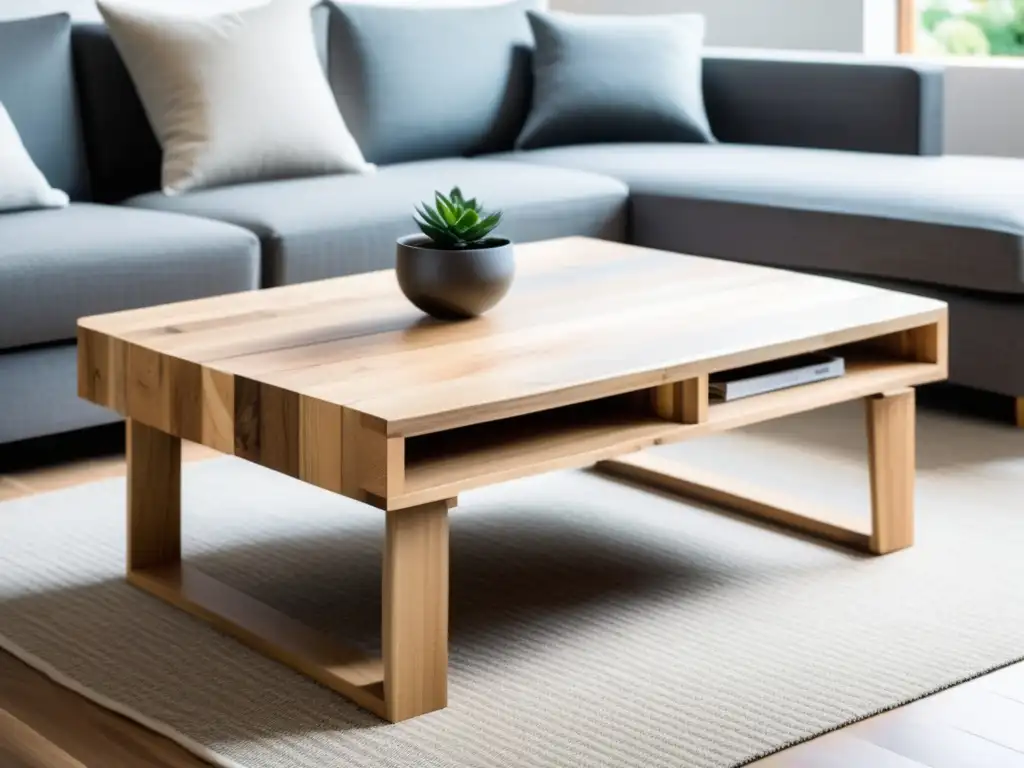 Muebles con pallets reciclados: Mesa de centro minimalista de madera natural en un salón moderno y luminoso