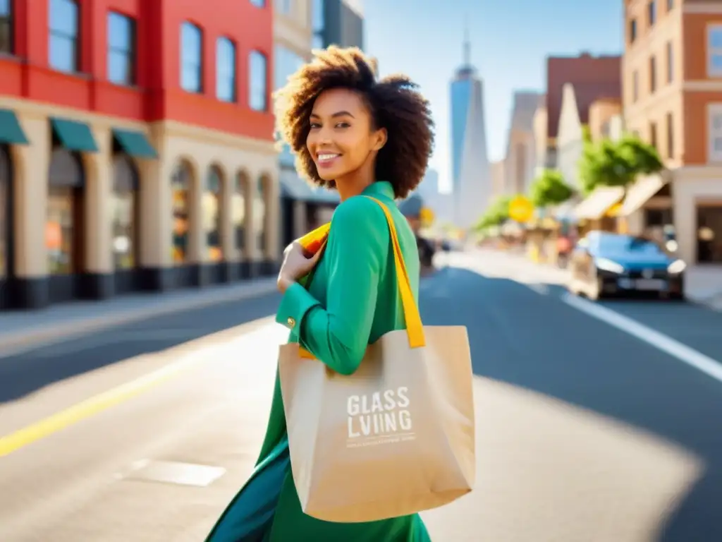 Una mujer lleva una bolsa reutilizable llena de artículos reciclables, caminando frente a un paisaje urbano vibrante