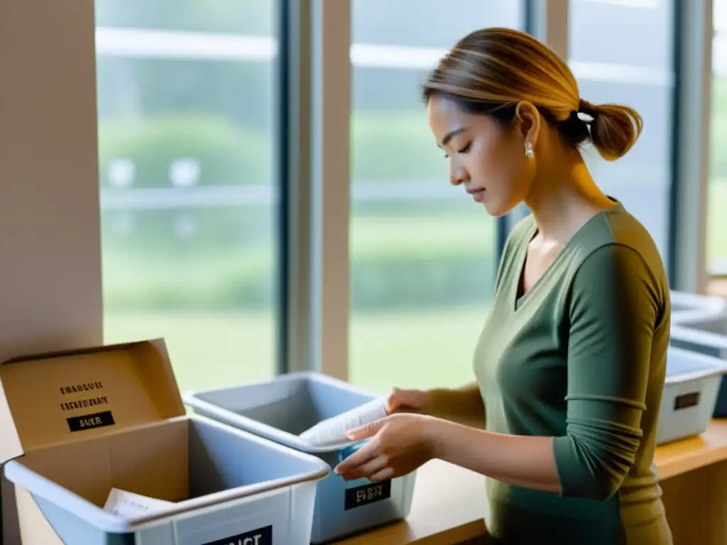 Una mujer clasifica materiales reciclables con serenidad y enfoque, reflejando la psicología del consumidor reciclaje