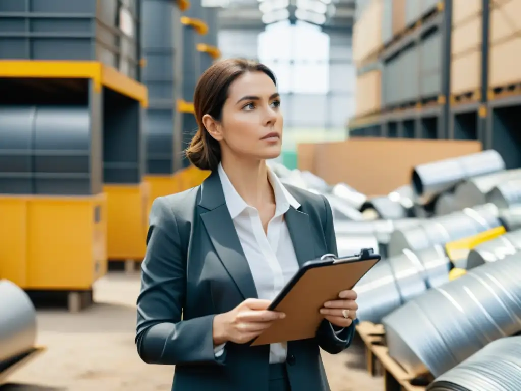 Mujer en traje de negocios supervisa planta de reciclaje, con expresión determinada