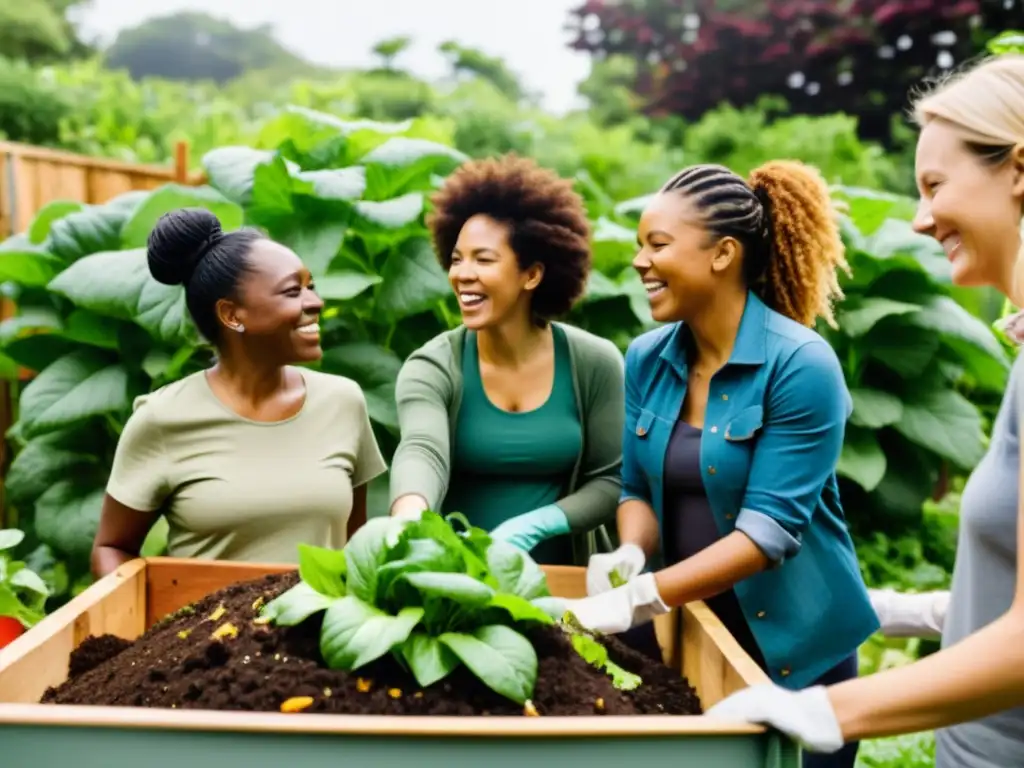 Mujeres líderes en compostaje comunitario cultivando la unidad y la sostenibilidad en un jardín comunitario