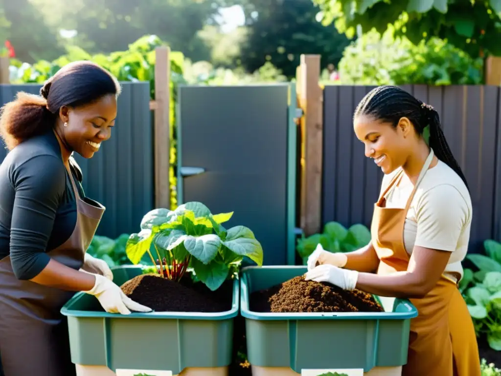 Mujeres líderes en compostaje comunitario transformando desechos en compost rico, en un jardín colaborativo bajo la luz del sol