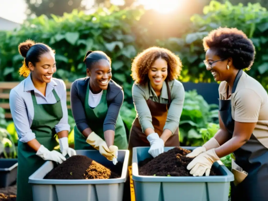 Mujeres líderes en compostaje comunitario trabajando juntas en un jardín, irradiando confianza y camaradería bajo el cálido sol poniente