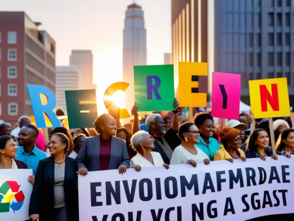 Multitud diversa se reúne en plaza urbana, sosteniendo pancartas ambientales al atardecer