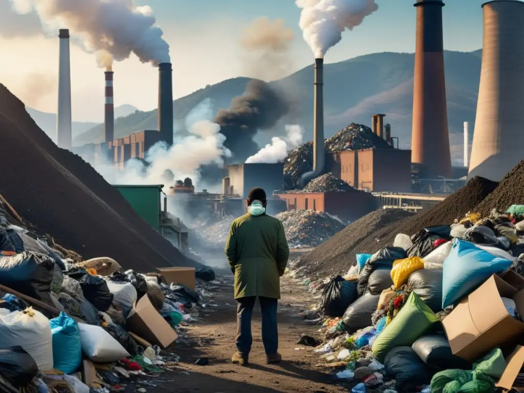 Un mundo industrial contaminado con desechos, ríos contaminados y una figura solitaria destacando la necesidad del reciclaje moderno