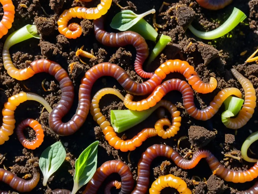 Un mundo de vida en el compostaje doméstico: gusanos rojos se deslizan entre restos orgánicos