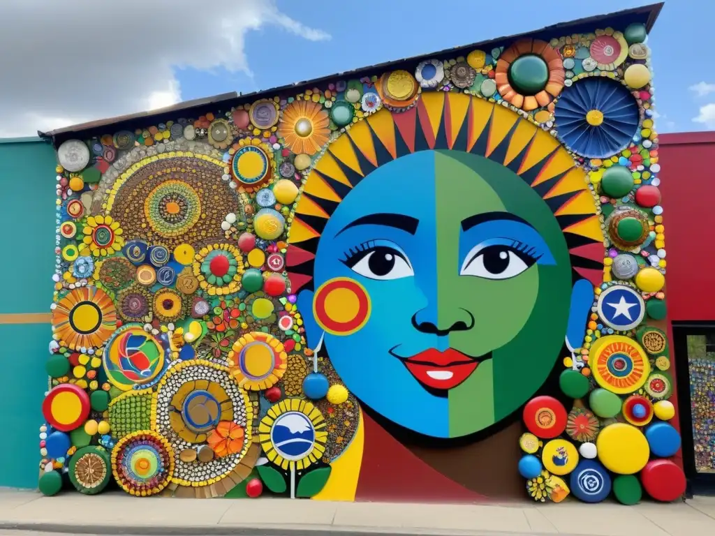 Un mural comunitario con elementos reciclados muestra la diversidad y creatividad de la comunidad