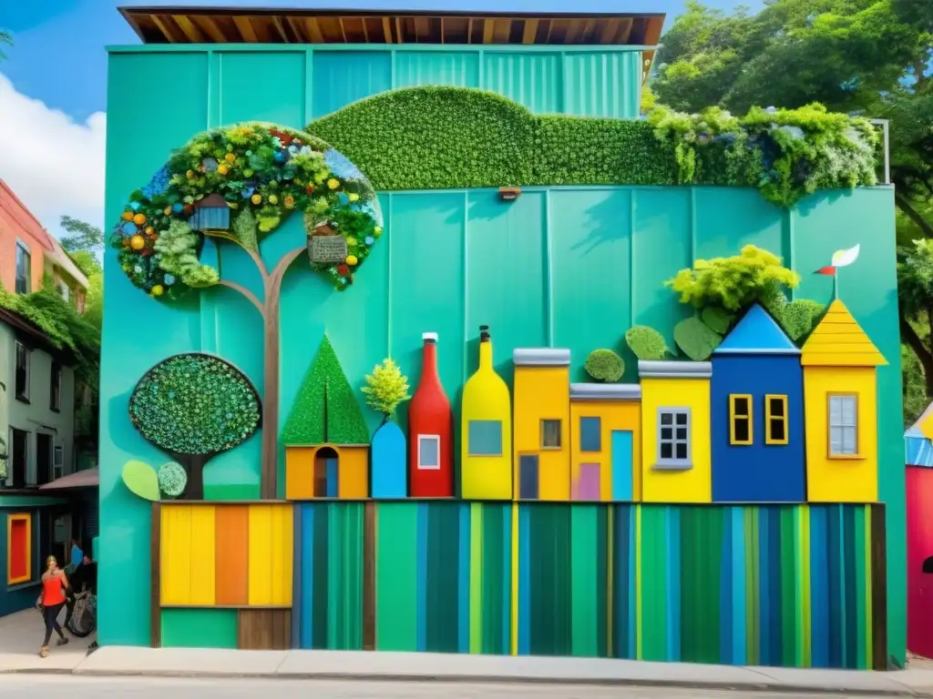 Un mural comunitario con elementos reciclados que retrata una escena vibrante y diversa