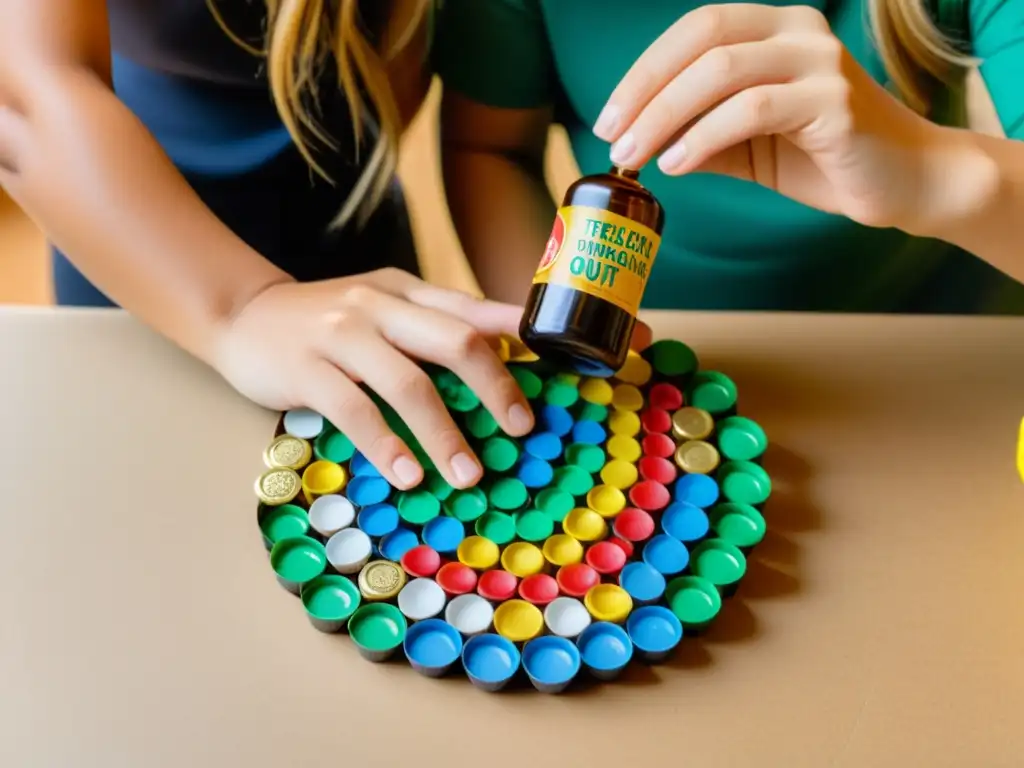 Un niño y un adulto construyen juntos un cofre del tesoro con materiales reciclados, en un ambiente iluminado con colores vibrantes