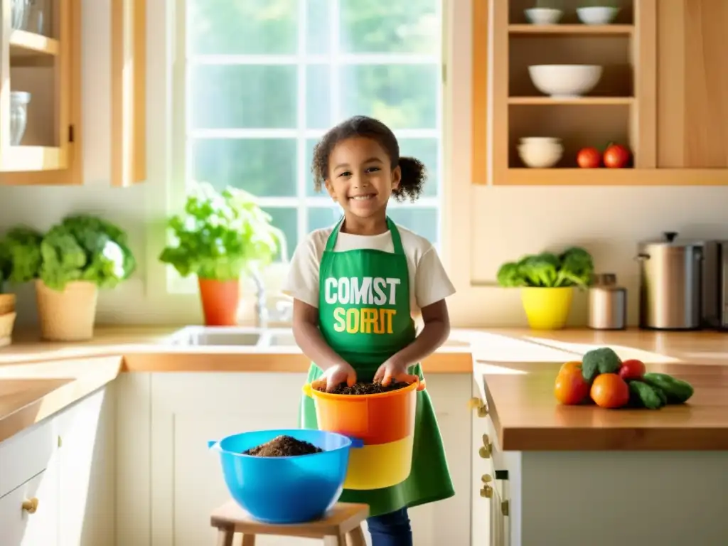 Niño en cocina mezclando abono casero con frutas y verduras en un ambiente sostenible y cálido