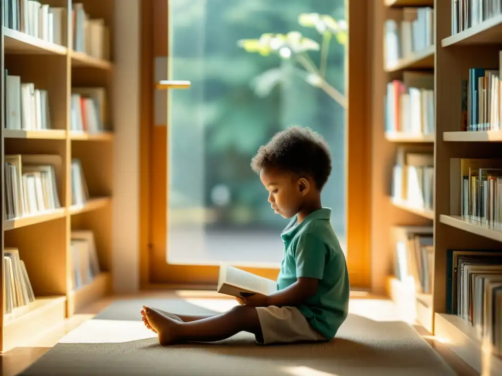 Un niño concentrado leyendo rodeado de libros, iluminado por luz natural