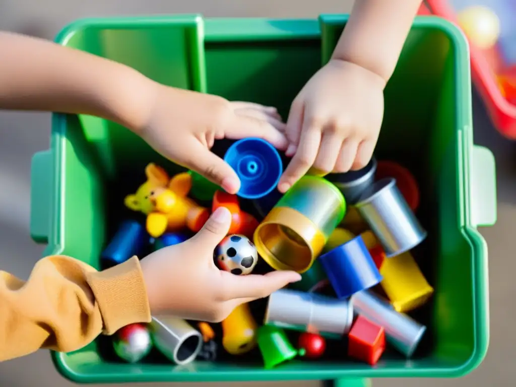 Un niño coloca con cuidado juguetes viejos en un contenedor de reciclaje