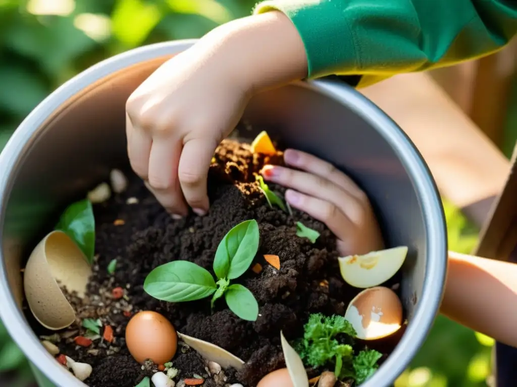 Un niño mezcla con cuidado restos de cocina y tierra en un compostador doméstico, con las manos cubiertas de suciedad