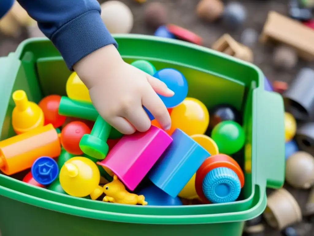 Un niño determinado recicla juguetes viejos en casa, contrastando inocencia con impacto ambiental