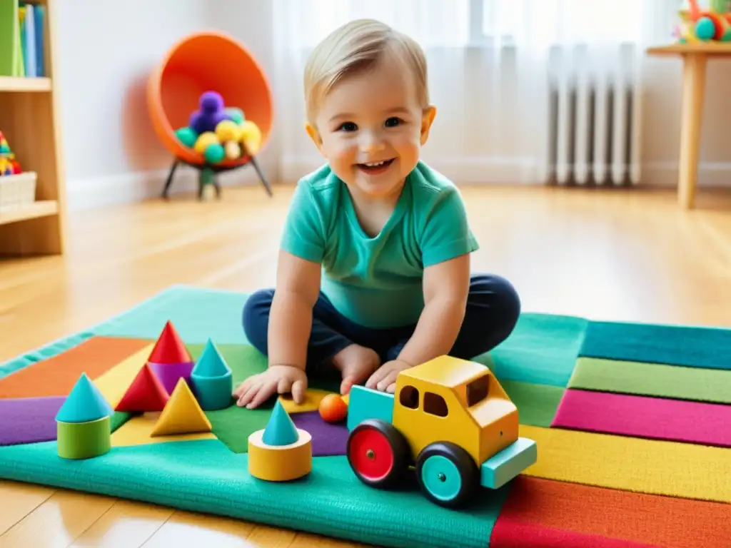 Niño jugando feliz con juguetería sostenible hecha en casa, rodeado de juguetes DIY en una habitación luminosa