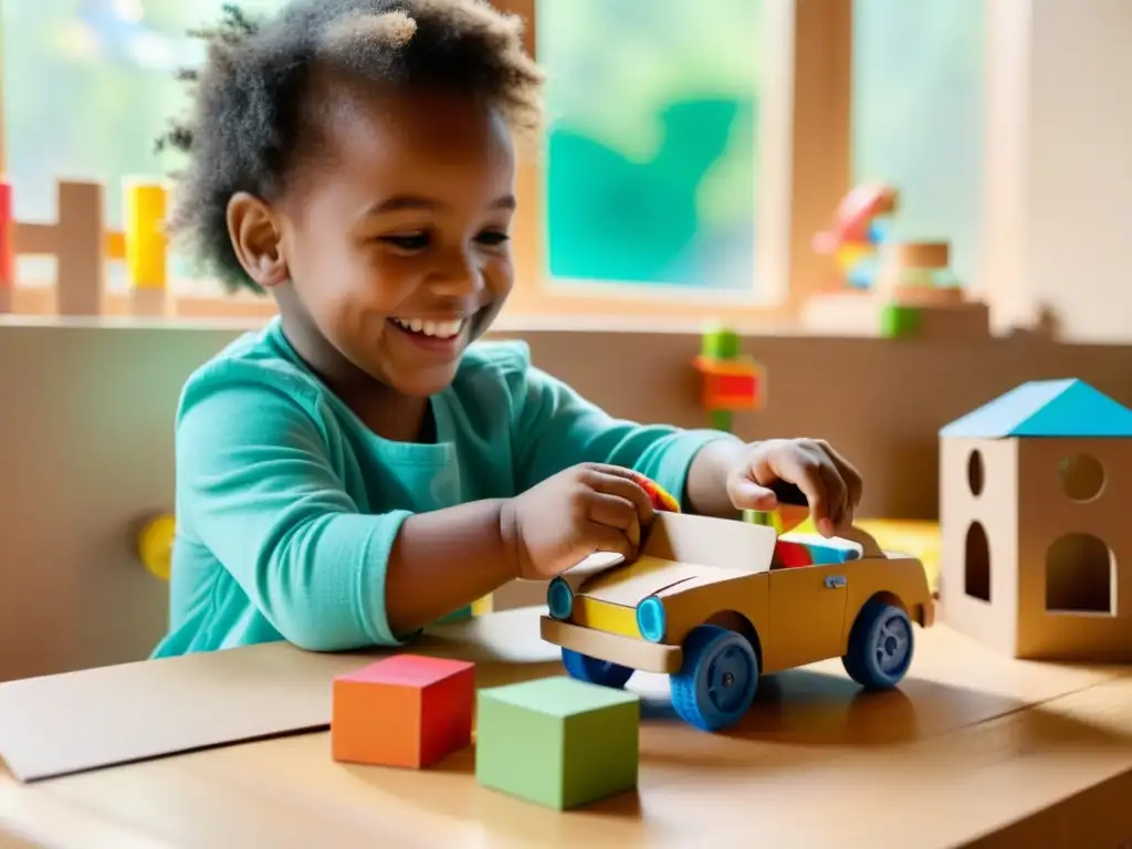 Niño jugando feliz con juguetes ecológicos reciclados en casa, rodeado de color y creatividad