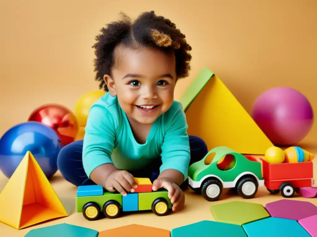 Un niño feliz jugando con juguetes sostenibles y coloridos hechos de materiales reciclados