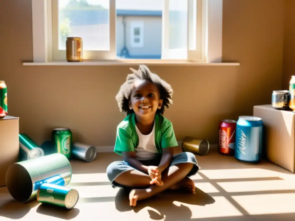 Un niño crea instrumentos musicales reciclados con entusiasmo, rodeado de materiales coloridos