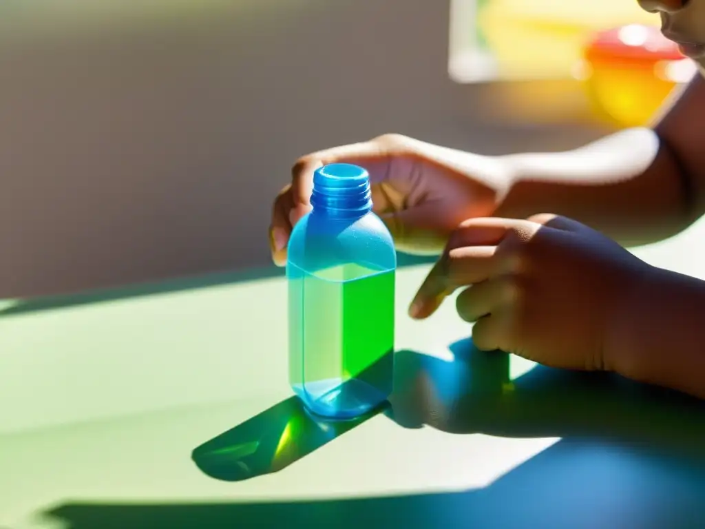 Un niño crea un juguete con una botella plástica, concentrado y creativo