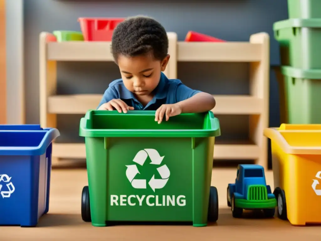 Un niño deposita con determinación un juguete viejo en un contenedor de reciclaje en casa