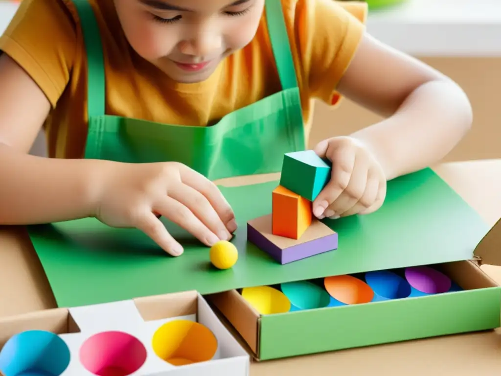 Niño creando juguetería sostenible en casa con materiales reciclados y pintura no tóxica, rodeado de luz natural y suministros ecológicos