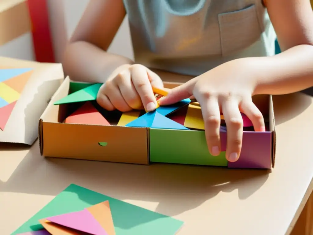 Un niño crea juguetes ecológicos reciclados en casa con concentración y alegría