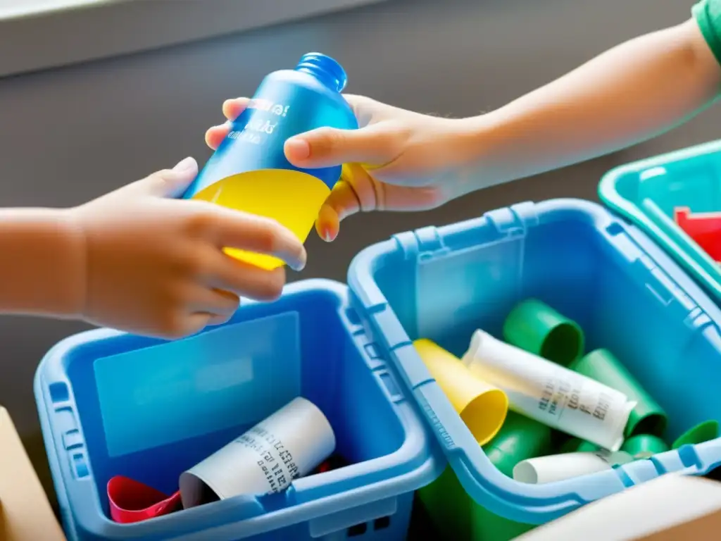 Un niño ordena materiales reciclables con cuidado, creando un ambiente cálido y didáctico