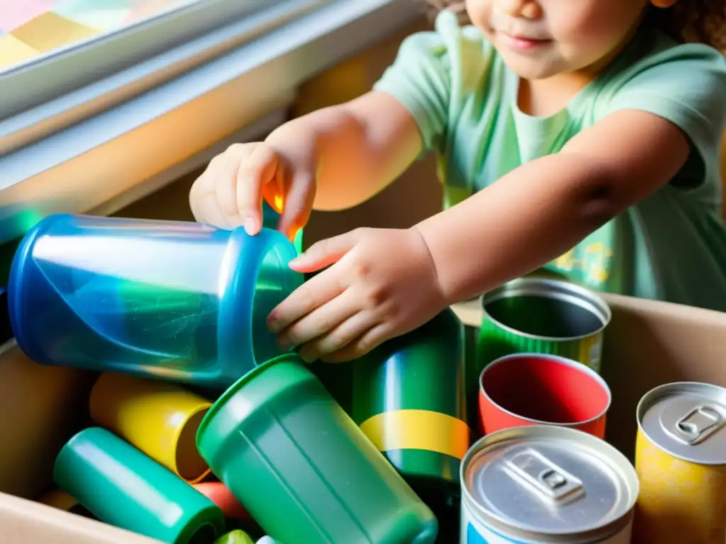 Un niño cuidadosamente clasifica materiales reciclados en un espacio de juego dedicado al reciclaje, mostrando responsabilidad ambiental