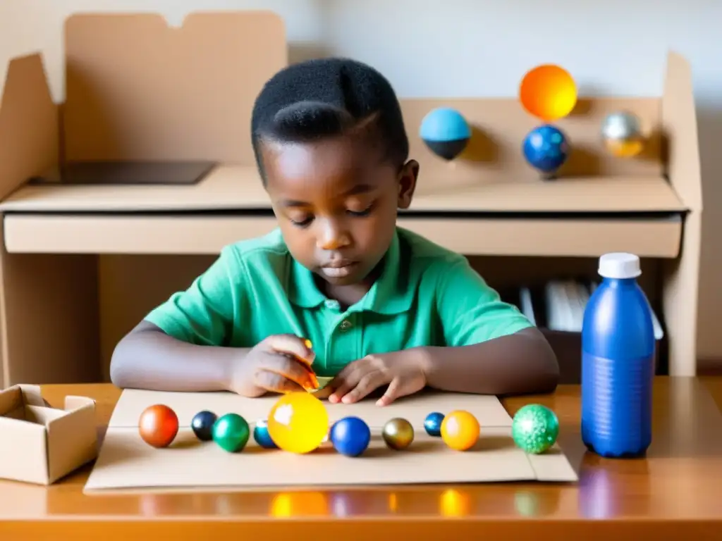 Un niño construye un modelo del sistema solar con materiales reciclados en casa