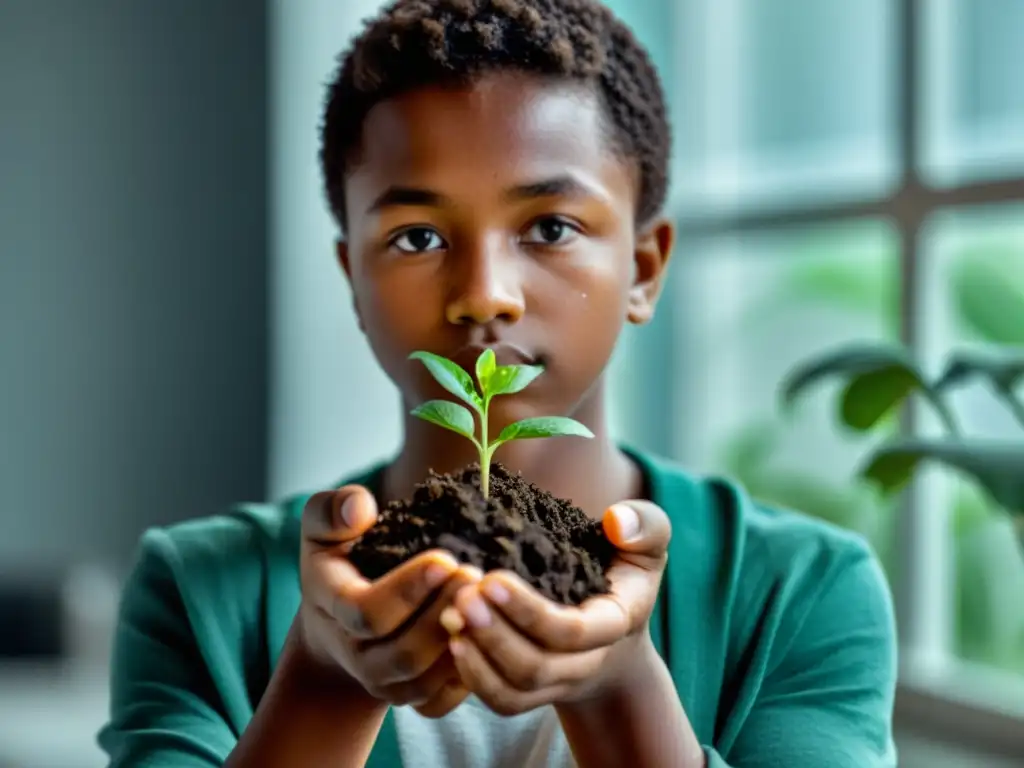 Niño sosteniendo planta marchita en habitación minimalista con basura plástica