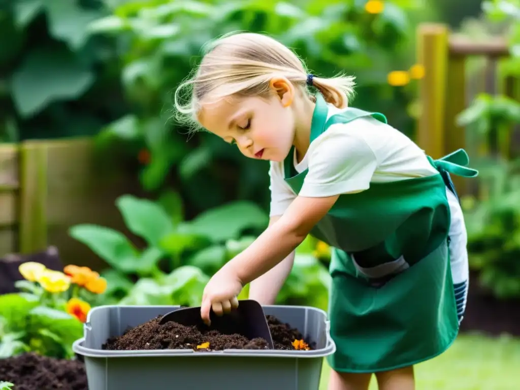 Niño en jardín añade restos de comida a compostera, con expresión de concentración