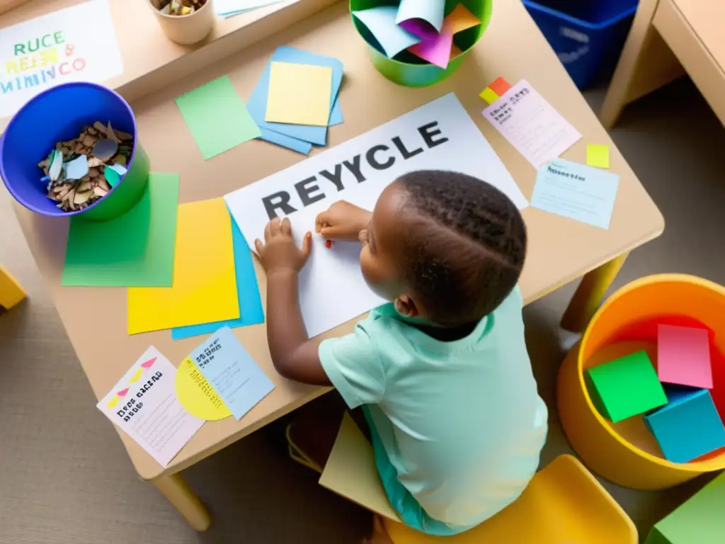 Niño sonriente en clase rodeado de materiales reciclables, enseñando la importancia educar niños 3 R's en un ambiente lúdico y educativo