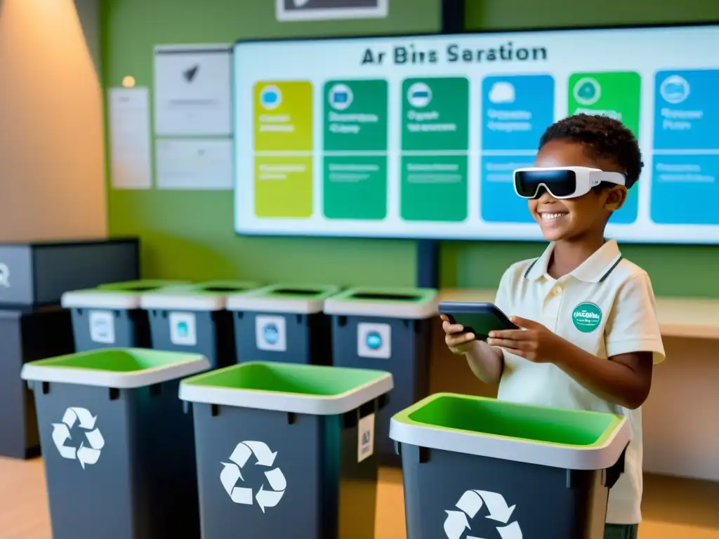 Niño sonriente con gafas de realidad aumentada separando residuos en un aula futurista