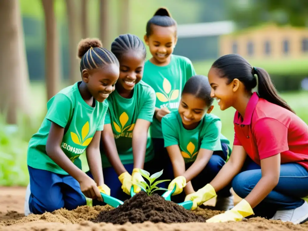Niños en actividad ambiental, plantando árboles y limpiando parque