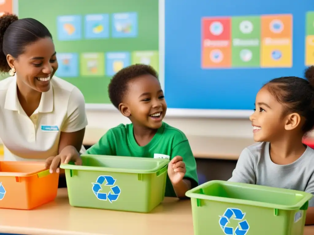 Niños participan alegremente en actividad de reciclaje en un aula colorida