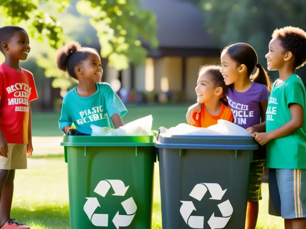 Niños en actividades educativas reciclaje, depositando materiales en un parque soleado con jardín comunitario