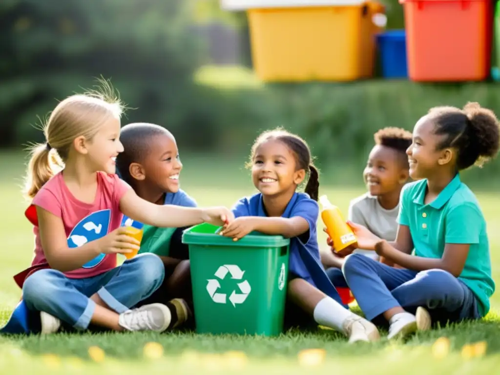 Niños participando en actividades educativas de reciclaje en un campo, rodeados de contenedores coloridos