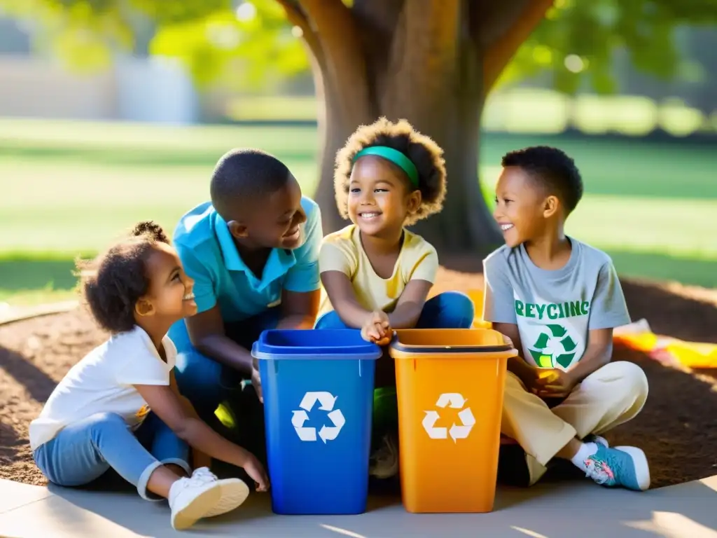 Niños participan en actividades educativas reciclaje, clasificando materiales en círculo al aire libre rodeados de contenedores coloridos