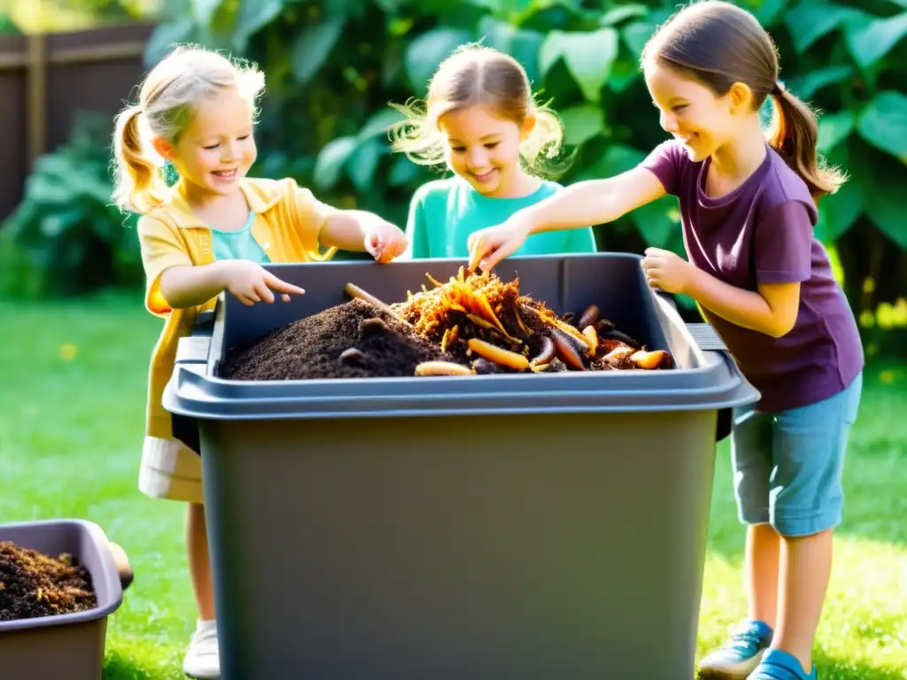 Niños disfrutan actividades lúdicas para entender compostaje, observando el proceso de descomposición en un jardín exuberante