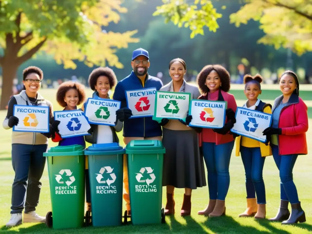 Diversos niños y adultos en un parque, sosteniendo contenedores de reciclaje